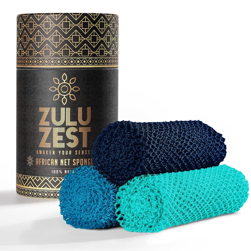 African Net Sponge Authentic 3 Pack, Body Scrubber Exfoliating Bath Sponge for Face and Body, Quick Drying Mesh Body Scrub for All Skin Types, Durable and Travel Friendly (Dark Blue, Blue, Turquoise)