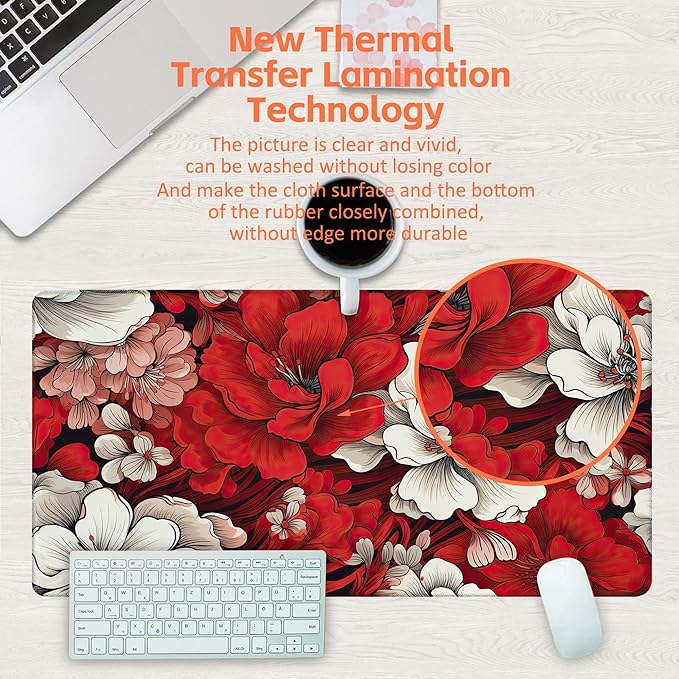 KOAIWPAE Desk Pad, Red and White Flowers Desk Mat, Retro Red Floral Large Gaming Mouse Pad, 31.5"x15.7" Extended Big Computer Keyboard Mouse Pad with Non-Slip Base and Stitched Edge