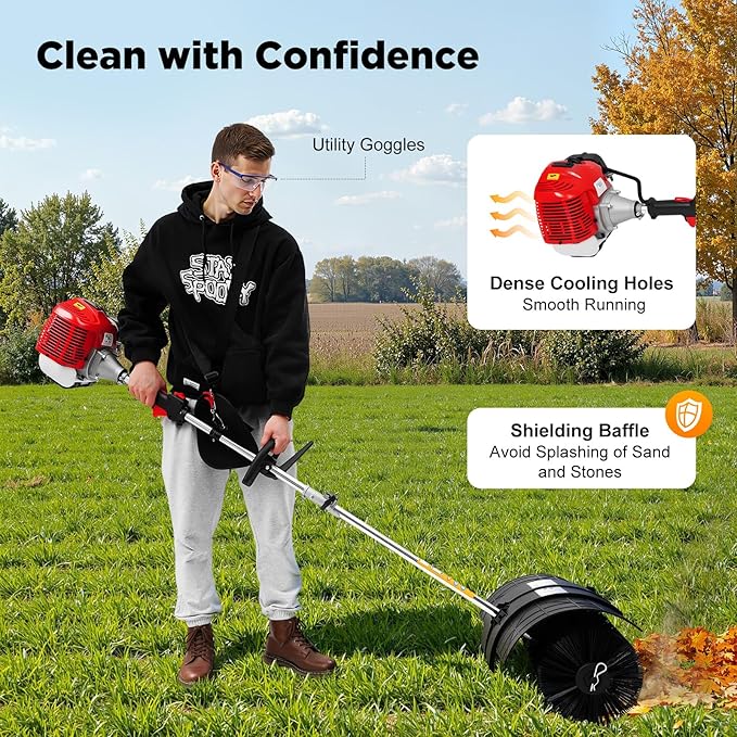 52CC 2 Stroke Hand Held Gas Power Broom, 2.3HP Gas Power Handheld Sweeper, Motor Side-Mounted Sweepers Snowplow Broom, Sweeping Lawns Brush Lawn Cleaner Tools for Cleaning Lanes, Driveways