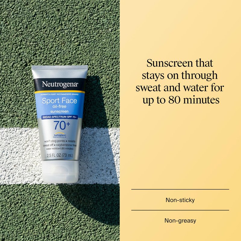 Neutrogena Sport Face Sunscreen Lotion SPF 70+ Oil Free Sweat and Water-Resistant Broad Spectrum UVA UVB Protection Oxybenzone-Free for Active Lifestyles, 2.5 fl oz