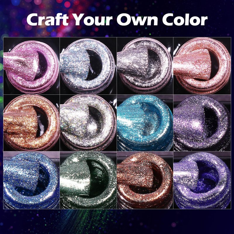 Clara Colors Cat Eye Gel Nail Polish Set - 12 Holographic Glitter Colors With Magnet, Romantic Galaxy Series, Long Lasting Soak Off UV LED