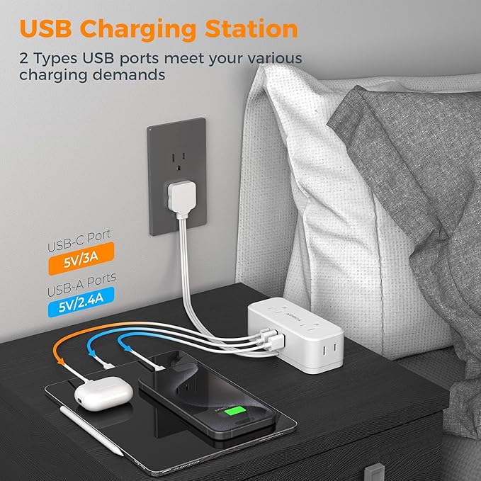 TESSAN Short Extension Cord 0.5Ft, Flat Plug Outlet Extender Surge Protector with 4 Widely AC with 3 USB Ports (1 USB C), Multi Plug Small Power Strip for Travel, Home, College Dorm Essentials, White