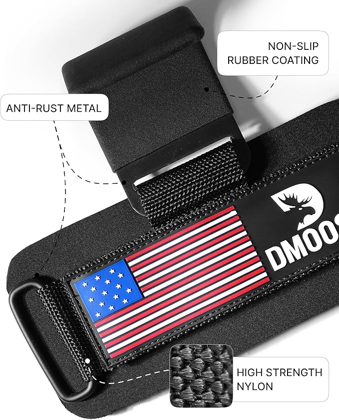 DMoose Fitness Weight Lifting Hooks for Men & Women (Pair) - 8 mm Thick Wrist Padding - Weight Grips for Powerlifting, Shrugs, Rows & Deadlift Support - Gym Lifting Straps with Pull Up Hook (American)
