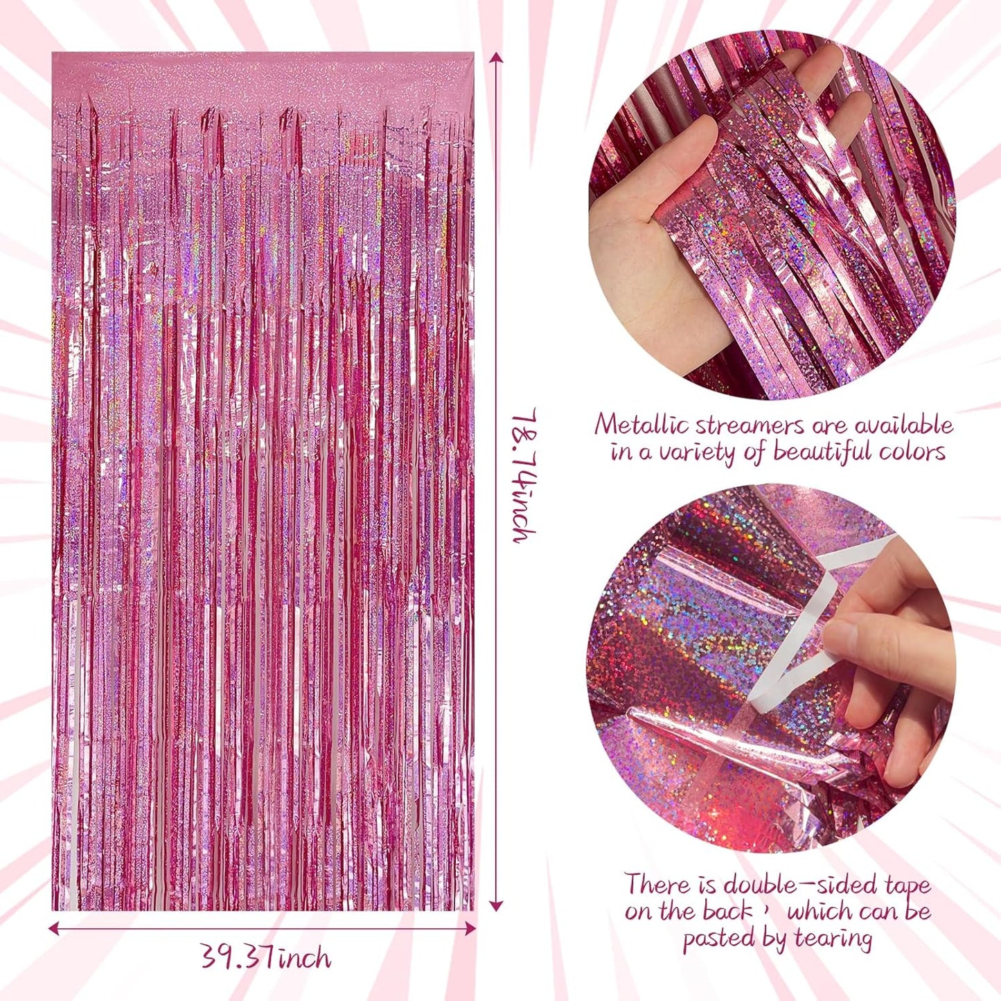 Skiennix Tinsel Curtain Backdrop - Pink Glitter Foil Fringe for Birthday, Wedding & Party Decor | 10 Packs