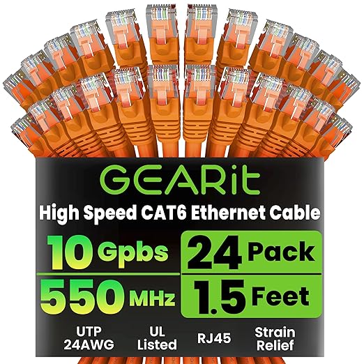 GEARit Cat 6 Ethernet Patch Cables 1.5 ft Orange (Cat 6 Ethernet Cables 1.5 ft 24-Pack), High Speed 24AWG 10Gbps RJ45 Snagless Gold-Plated, Ethernet Cable for Router, Switch, PC, PS5 Gaming, Server