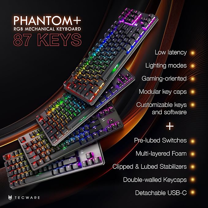 TECWARE Phantom+ 87 Mechanical Gaming Keyboard | RGB LED Backlit | Hot Swappable Wraith Brown Switches | 87 Key TKL Layout | Thocky Sound Profile | Detachable USB-C Wired | Black