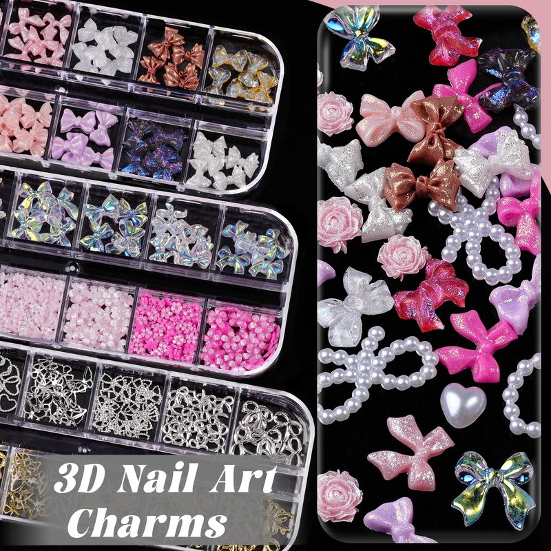 Nail Charms and Gems, Nail Art Kit with 30 Sheets Flower Nail Stickers, 6 Boxes 3D Nail Charms Colorful Clear Flatback Rhinestones Pearls, Diamonds,Picker Tools,Beads Pearls for Nails Art