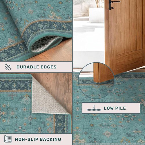 Boho Non-Slip Kitchen Runner Rug - Machine Washable Vintage Carpet in Floral Aqua Blue (2x8 ft)