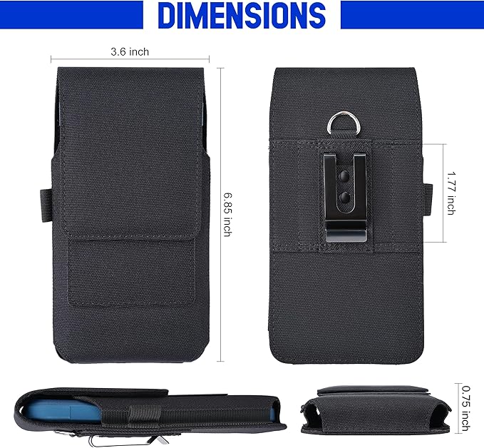 for iPhone 17 Pro Max Air 16/15/14/13/12/11 Pro Max Nylon Cell Phone Pouch Holster Case with Belt Clip Cover Holder for Galaxy S25+ S24+ S23+ S22+ S21+ (Black)