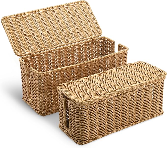 ZhiYo Rattan Cable Management Box, Brown Cord Organizer, 13.5" x 6.2" x 6"