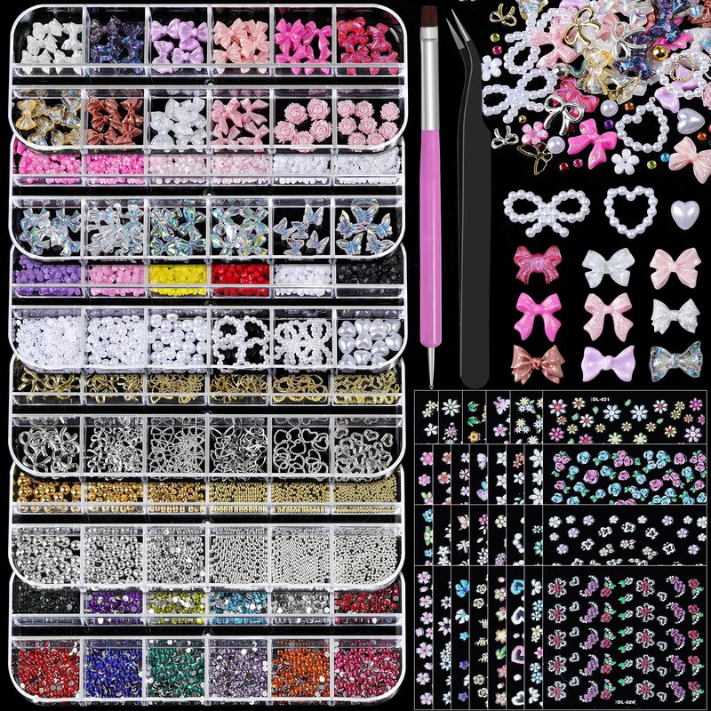 Nail Charms and Gems, Nail Art Kit with 30 Sheets Flower Nail Stickers, 6 Boxes 3D Nail Charms Colorful Clear Flatback Rhinestones Pearls, Diamonds,Picker Tools,Beads Pearls for Nails Art