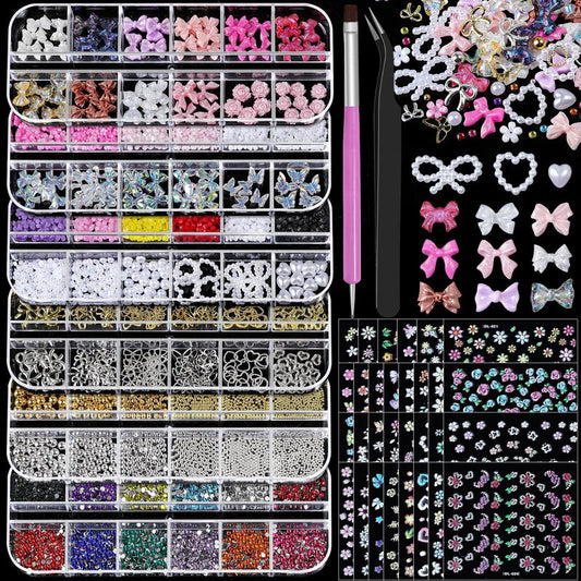 Nail Charms and Gems, Nail Art Kit with 30 Sheets Flower Nail Stickers, 6 Boxes 3D Nail Charms Colorful Clear Flatback Rhinestones Pearls, Diamonds,Picker Tools,Beads Pearls for Nails Art