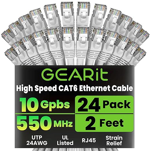 GEARit Cat 6 Ethernet Patch Cables 2 ft White (Cat 6 Ethernet Cables 2 ft 24-Pack), High Speed 24AWG 10Gbps RJ45 Snagless Gold-Plated, Ethernet Cable for Router, Switch, PC, PS5 Gaming, Server