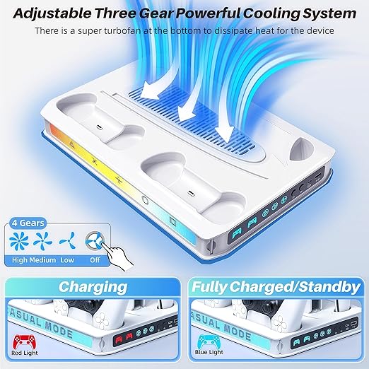 ZYTHRONE PS5/ Slim/Pro Cooling station with Fast Contoller Charger for PlayStation 5 Disc & Digital Console Stand, RGB Light, Quiet Cooling Fan, Headset Holder