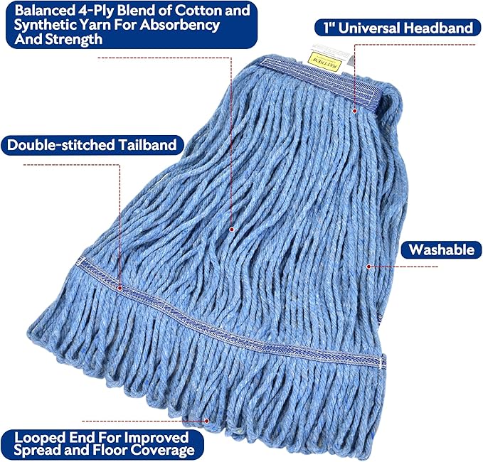 Matthew Cleaning Heavy Duty Mop Head Commercial Replacement for General and Floor Cleaning , Wet Industrial Blue Cotton Looped End String Head Refill (Pack of 6) Blue