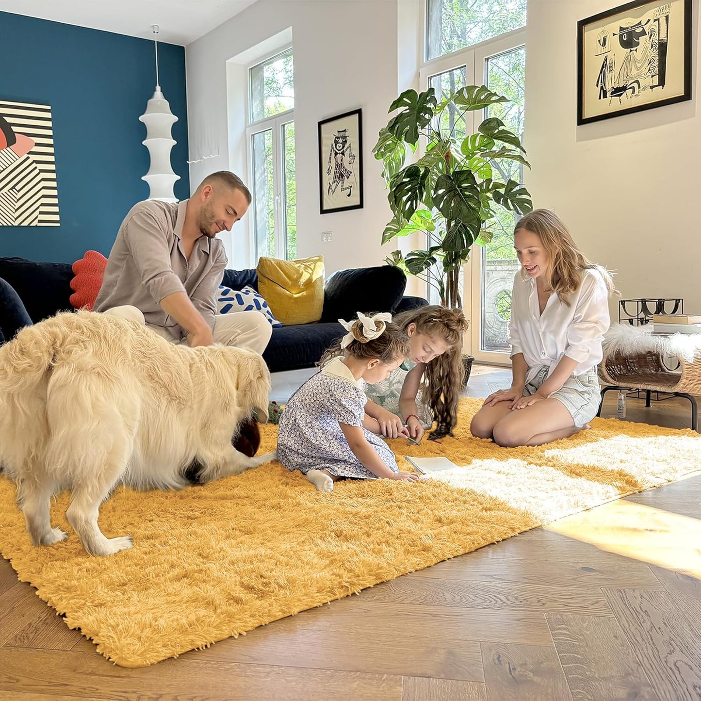 OLANLY Large 5x8 Machine Washable Area Rug - Soft Fluffy Shaggy Carpet for Living Room & Bedroom | Mustard Yellow