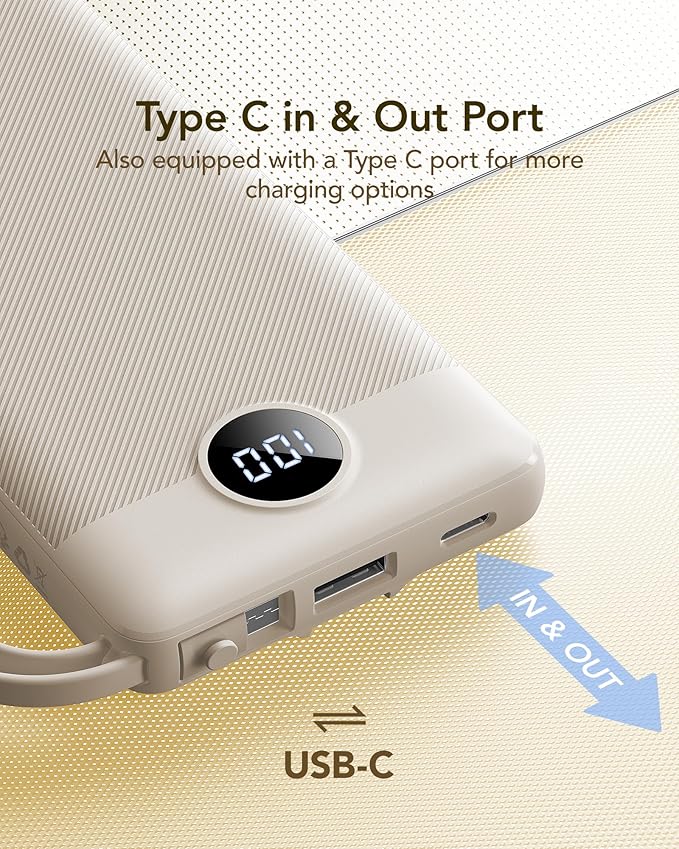 VRURC Portable Charger Power Bank,10000mAh Travel Essentials Battery Pack, 5 Outputs 2 Inputs Slim USB C Charging Bank Built-in 4 Cables for All Cell Phones, Samsung,Android-Light Coffee(1 Pack)