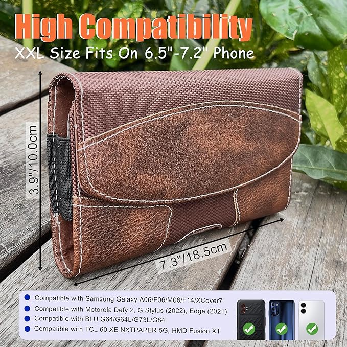 Maezar Leather Phone Holster for Men with Belt Clip, Cell Phone Holder for Galaxy A06/F06/M06/F14/XCover7/Moto Defy 2/BLU G64/TCL 60R/HMD Key,Belt Pouch Case Magnetic Closure (Brown-XXL)