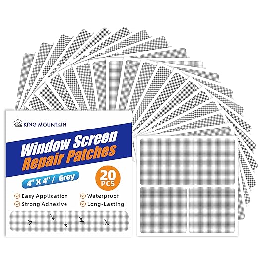 KING MOUNTAIN Grey 4" x 4" Heavy Duty Screen Repair Tape - 20 Pcs, Strong Adhesive & Waterproof, for Window & Door Tears & Holes