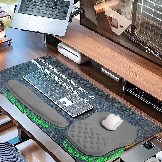 Gleamtide 2-in-1 Ergonomic Set, Wave Keyboard Wrist Rest and Massage Slope Mouse Pad Wrist Support, Rebound Memory Foam for Relieve Carpal Tunnel Syndrome and Wrist Pain (Dark Grey)