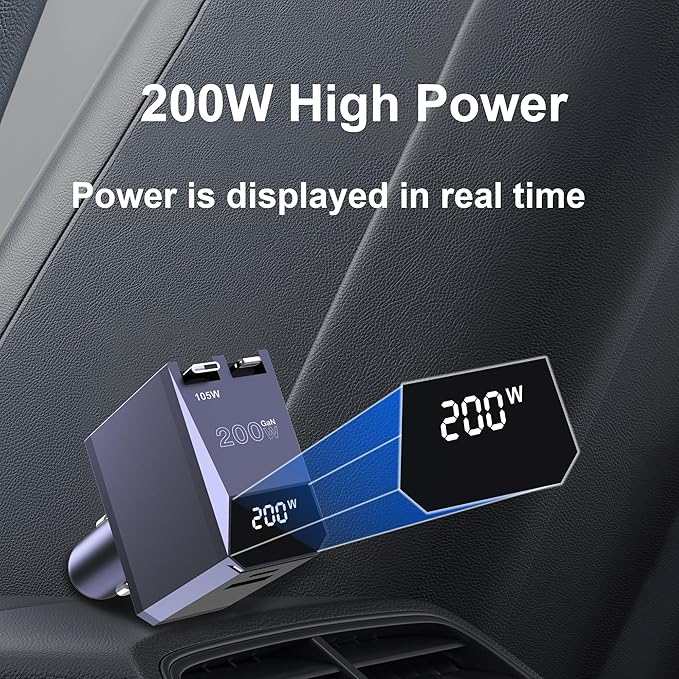 Aftertop 200W Retractable Car Charger, Power Display