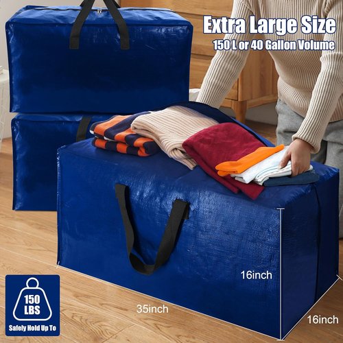Cosy Family Extra Large Moving Bags - Heavy Duty Storage Totes with Backpack Straps (40 Gal, Blue)
