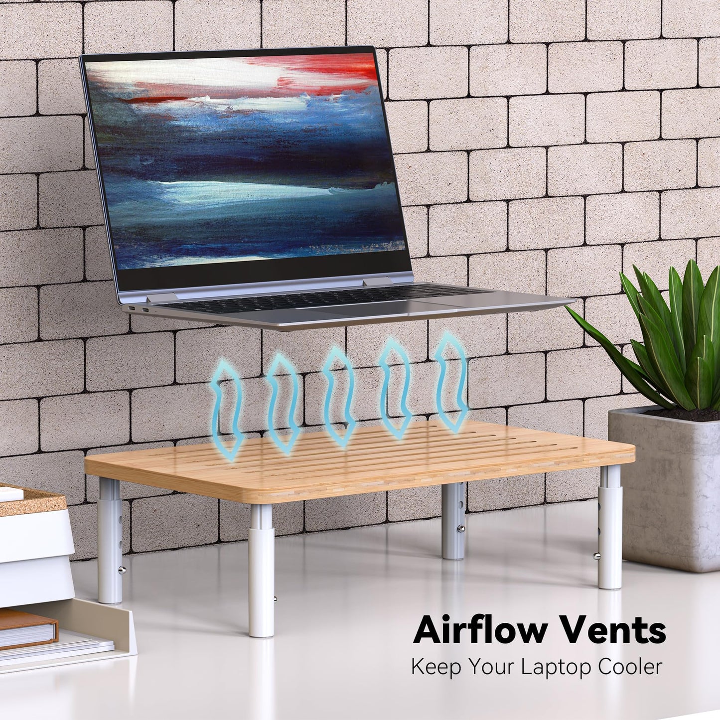WELL WENG Bamboo Monitor Stand Riser, 4 Adjustable Height, Laptop Stand with Airflow Vents, Desk Organizer for Computer, PC, Printer (Natural)
