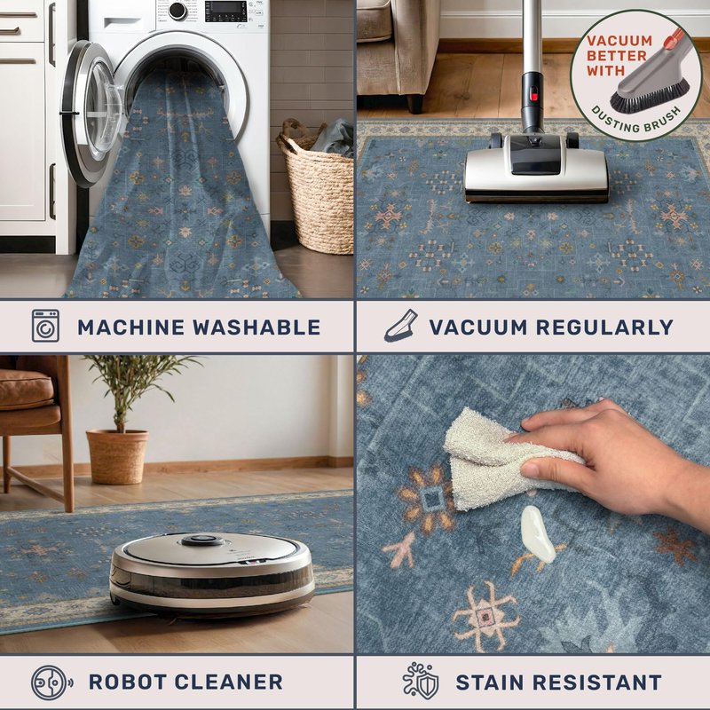 Washable 4x6 Small Rug for Living Room, Area Rug for Kitchen, Bedside, Large Entryway Indoor - Stain Resistant Non Slip with Rubber Backing, Unique Floral Aethestic Décor, Light Blue & Aqua