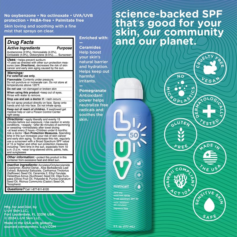 L-UV mistical! SPF 50 Sunscreen Spray - Broad-Spectrum UVA & UVB Protection, Water-Resistant, Lightweight Formula, Sensitive Skin Safe, 6 fl oz