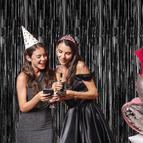 2026 Graduation Party Decorations - 2 Pack Black Backdrop & Metallic Fringe Curtains | 3.28 FT x 7.05 FT