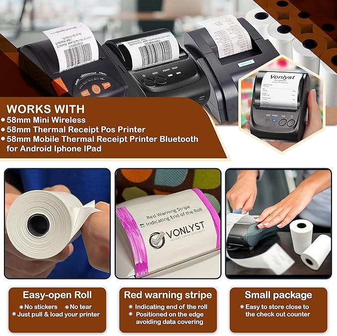 Vonlyst Receipt Paper Roll for 58mm Mobile Portable Thermal Printer (Pack 20 rolls)