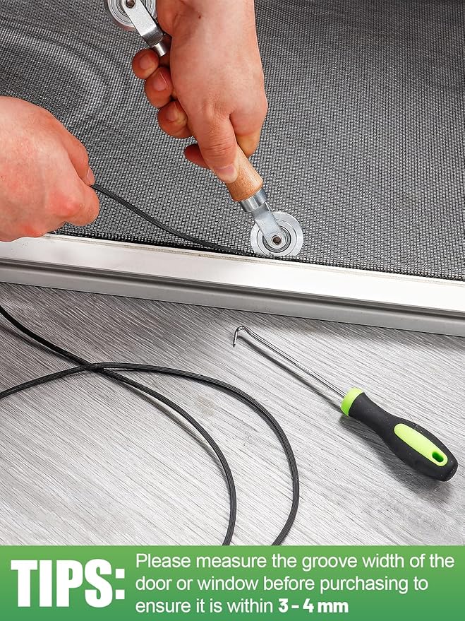 Screen Repair Kit - 3 in 1 Screen Tools Including Roller, 0.14in x 32.8ft Spline, Removal Hook for Replacing & Installing Door Window Screens
