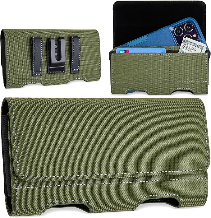 Mopaclle Nylon Phone Holster with Heavy Duty Metal Belt Clip and Card Holder, Compatible with iPhone 17/16/15/14/13/12 Pro and Samsung Galaxy S26/S25/S24/S23/S22/S21/S20 - Green
