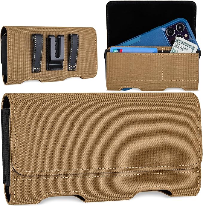 Mopaclle Nylon Phone Holster with Heavy Duty Metal Belt Clip and Card Holder, Compatible with iPhone 13/12 Mini, iPhone SE, iPhone 8/7/6S/6, and Galaxy S7/S6/S5 - Khaki