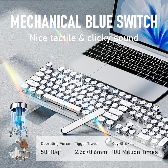 SEUNKWANG EWEADN TK100 Typewriter Style Wired Mechanical Keyboard, 104 Keys Aesthetic Typewriter Keyboard with White Backlit, Anti-Ghosting, Blue Switch Wired Cute Keyboards-White