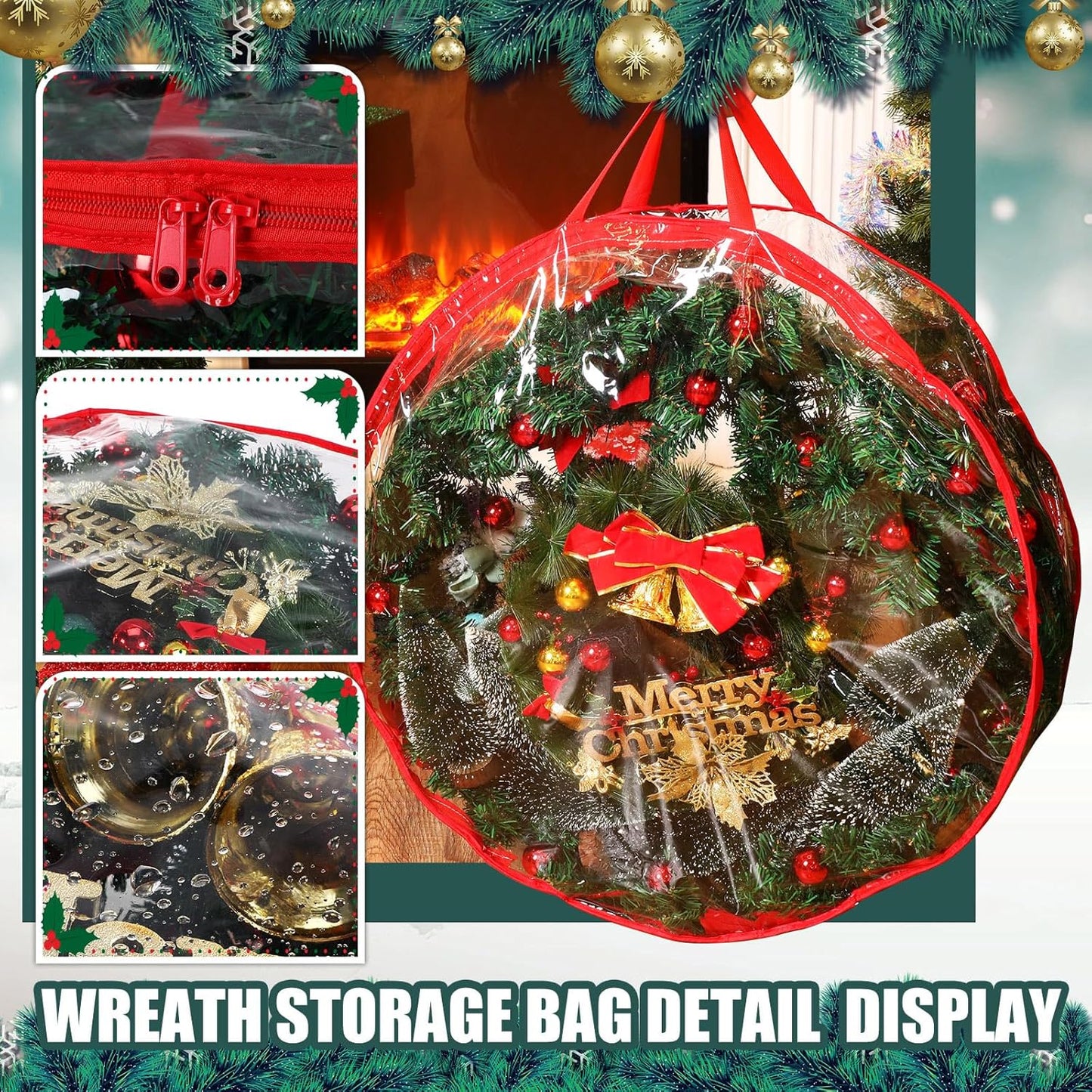Shappy 24-Inch Clear Christmas Wreath Storage Bag - Durable Plastic with Dual Zippers & Reinforced Handles | Red