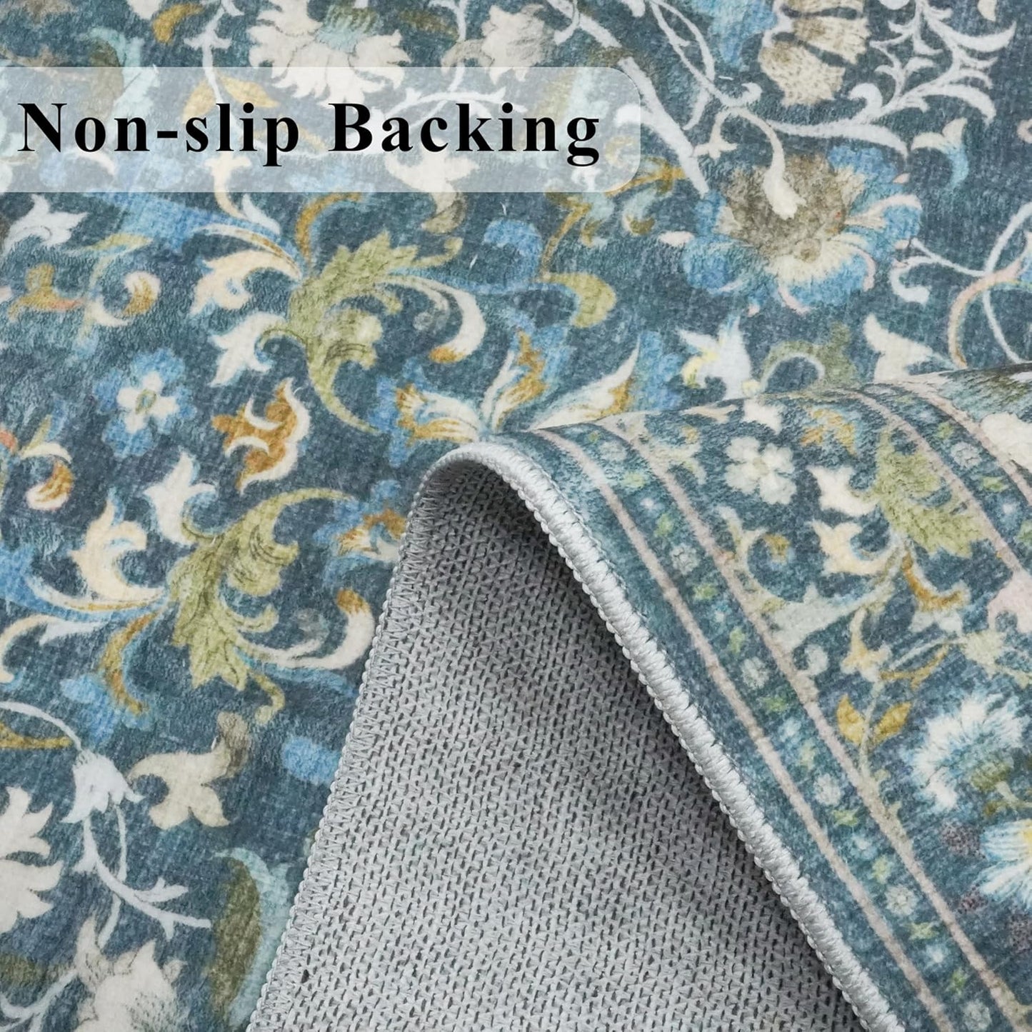 Skiennix Washable Hallway Runner Rug - Vintage Water-Resistant, Ultra Soft, Non-Slip | 2x8 Floral Blue