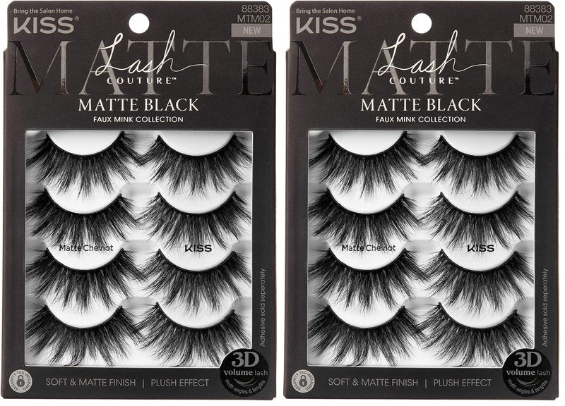 KISS Lash Couture 3D Matte False Eyelashes, Matte Cheviot', 18mm-20mm, Includes 4 Pairs Of Lashes, Contact Lens Friendly, Easy to Apply, Reusable Strip Lashes (Pack of 2)