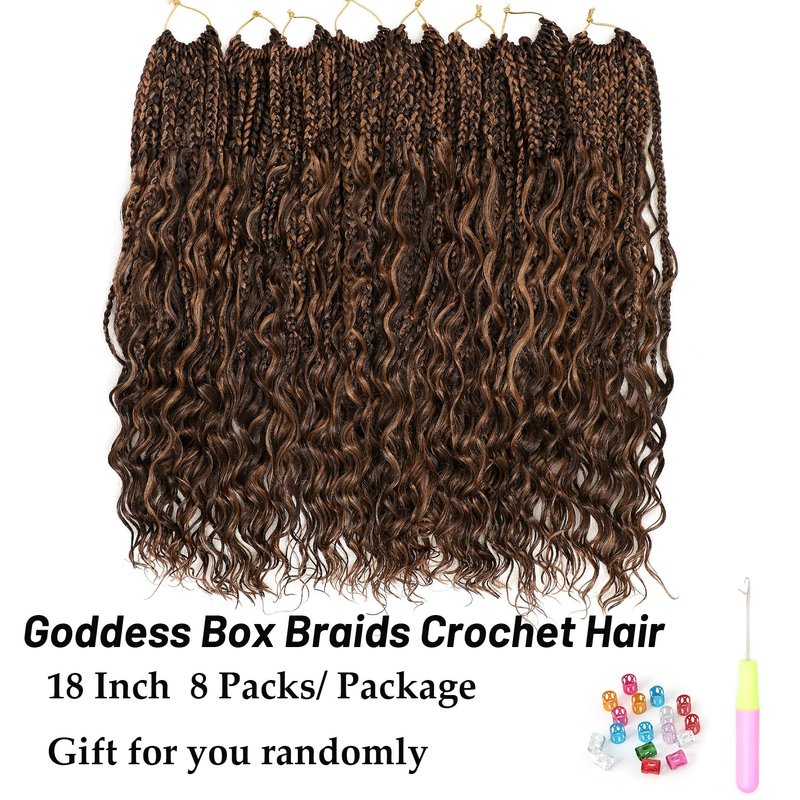 Eerya 8 Packs Boho Goddess Box Braids Crochet Hair for Black Women 18 inch Pre-looped Bohemian Crochet Box Braids With Curly Ends Synthetic Crochet Hair Extensions (18 inch, P4/30)