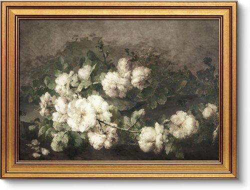 Gold Framed Vintage Wall Art - White Rose Canvas Print for Elegant Home Decor | 12x16 Inch