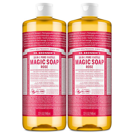 Dr. Bronner's Pure-Castile Magic Liquid Soap (Rose, 32 Ounce, 2-Pack)- Made with Regenerative Organic Certified Oils, 18-in1 Uses: Face, Hair, Hand & Body Soap, Laundry, Pets- Concentrated, Vegan