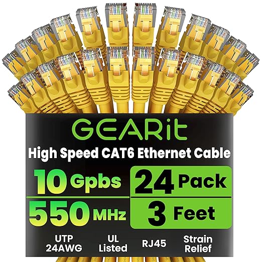 GEARit Cat 6 Ethernet Patch Cables 3 ft Yellow (Cat 6 Ethernet Cables 3 ft 24-Pack), High Speed 24AWG 10Gbps RJ45 Snagless Gold-Plated, Ethernet Cable for Router, Switch, PC, PS5 Gaming, Server