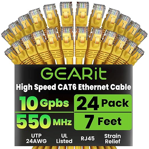 GEARit Cat 6 Ethernet Patch Cables 7 ft Yellow (Cat 6 Ethernet Cables 7 ft 24-Pack), High Speed 24AWG 10Gbps RJ45 Snagless Gold-Plated, Ethernet Cable for Router, Switch, PC, PS5 Gaming, Server