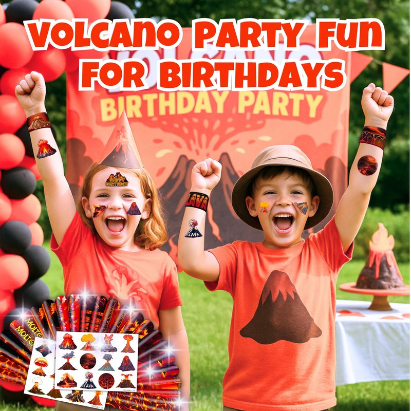 Cherisnowy 48PCS Volcano Party Set - 24PCS Temporary Tattoos & 24PCS Slap Bracelets - Fun Birthday Supplies, Baby Shower Gifts, Classroom Rewards & Volcano-Themed Decor for Kids (Boys & Girls)