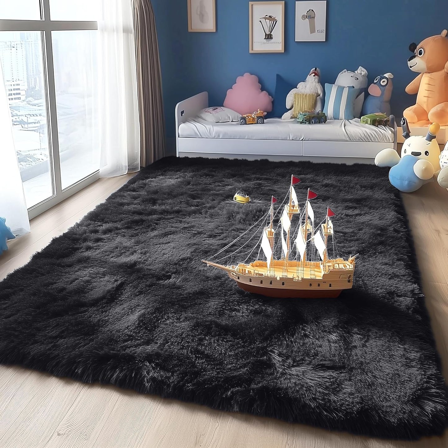 OLANLY Area Rug - Soft Fluffy Shaggy Design | Machine Washable 4x5.9 ft for Living Room & Bedroom - Black