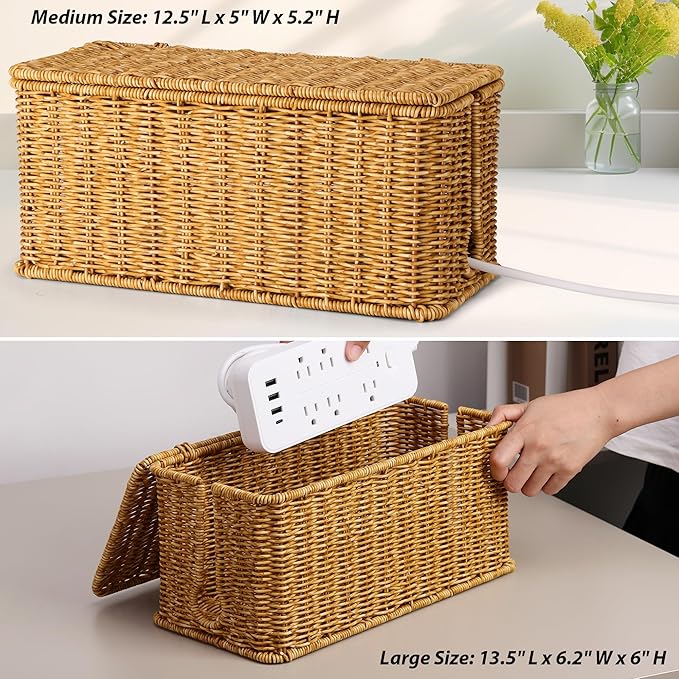 ZhiYo Rattan Cable Management Box, Cord Organizer, Nature, 2 Pack (M&L)