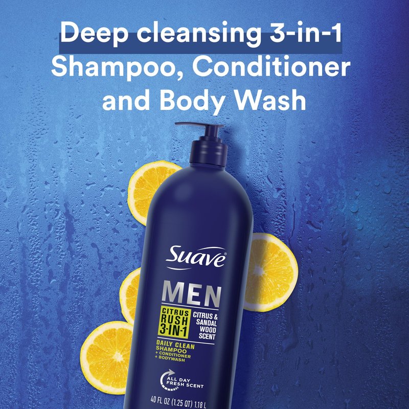 Suave Shampoo Conditioner Bodywash Men 3 in 1 Citrus & Sandal Wood to Cleanse and Nourish Hair and Skin, 40 oz Pack of 3