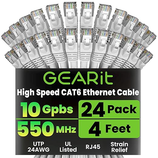 GEARit Cat 6 Ethernet Patch Cables 4 ft White (Cat 6 Ethernet Cables 4 ft 24-Pack), High Speed 24AWG 10Gbps RJ45 Snagless Gold-Plated, Ethernet Cable for Router, Switch, PC, PS5 Gaming, Server