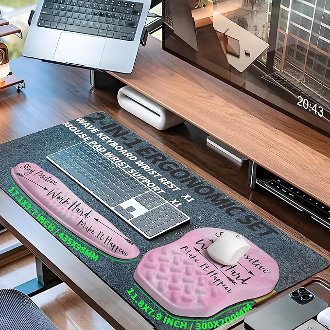 Gleamtide 2-in-1 Ergonomic Set, Wave Keyboard Wrist Rest and Massage Slope Mouse Pad Wrist Support, Rebound Memory Foam for Relieve Carpal Tunnel Syndrome and Wrist Pain (Stay Positive)