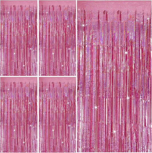 Skiennix Tinsel Curtain | Pink Glitter Foil Fringe Backdrop | 5-Pack Party Decor for Events